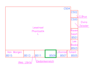 Ausschnitt Hallenplan, Halle 3 mit Leseinsel Phnatastik und den Ständen B515, B513, B511, B509 (Schicksalsweber), B507, B505 , B503, B501, C500, C502